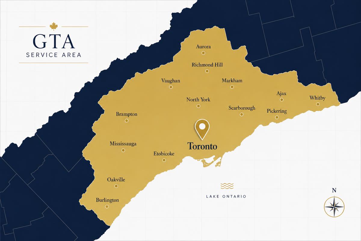 Map of the Greater Toronto Area showing Palace Homes Construction service region highlighted in gold